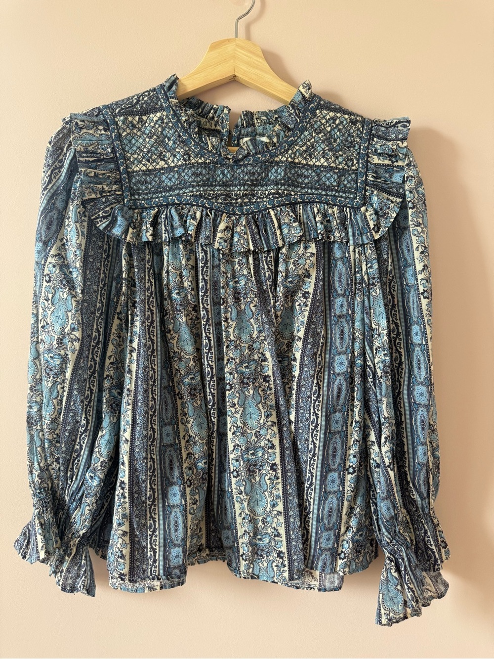 Doen Blue Paisley Smocked Yoke Ruffle Blouse